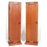 A pair of vintage 20th Century wooden Industrial / factory sentry  box tall cupboards. Each having