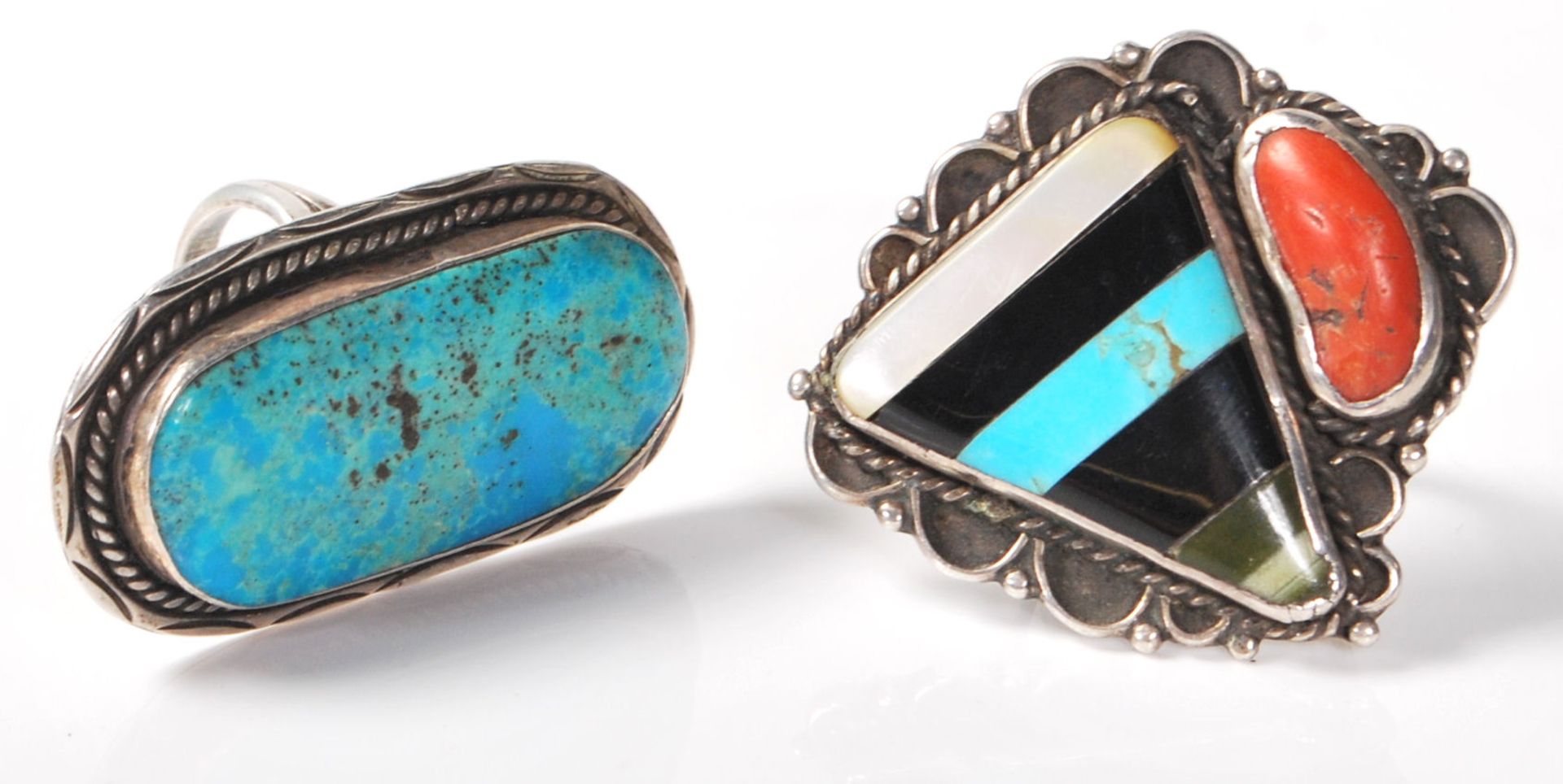 Two silver Navajo / Zuni Native American signed rings to include one signed by N Lee having a