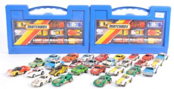 TWO ORIGINAL VINTAGE MATCHBOX CARRY CASE AND VARIOUS SLOT CARS