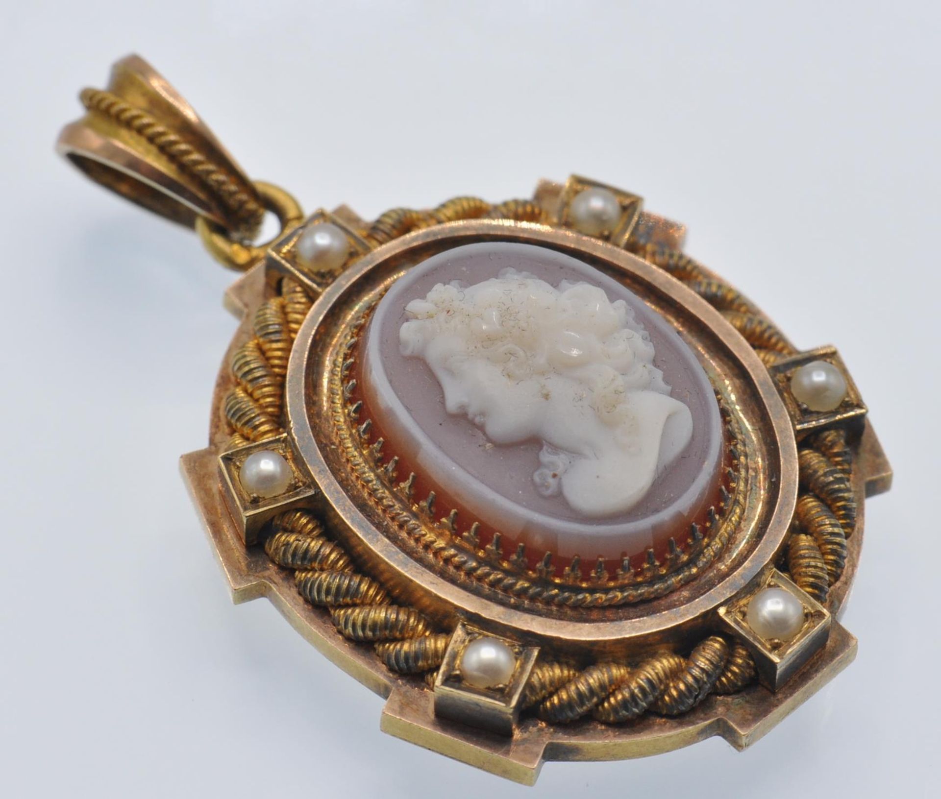 An Antique 18ct Gold French Agate Cameo & Pearl Locket