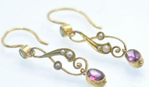 A Pair of Antique 9ct Gold Garnet, Peridot & Pearl Pendant Earrings.