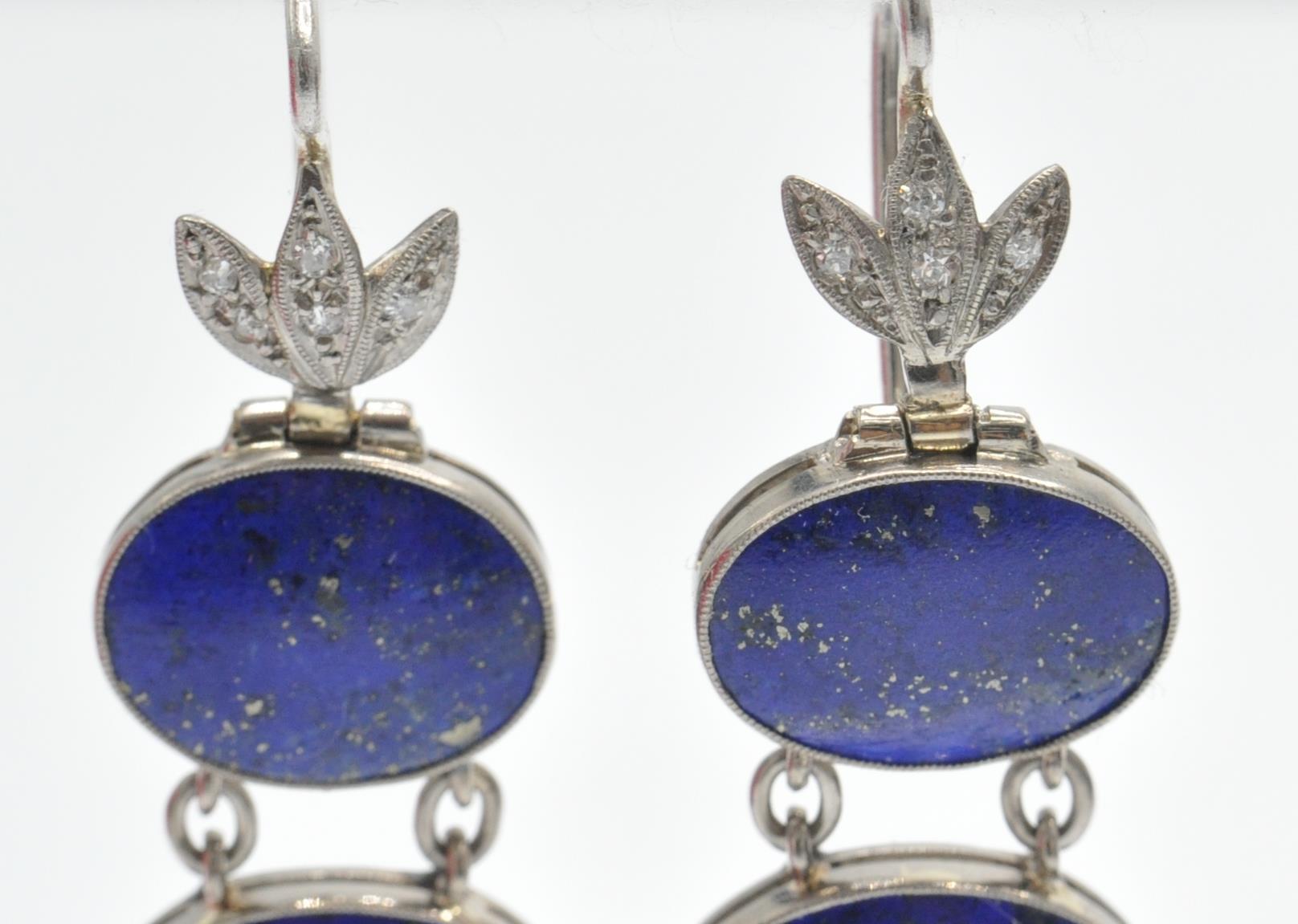 A Pair of White Gold Lapis Lazuli & Diamond Pendant Earrings - Image 3 of 5