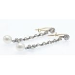 A Pair of Belle Éproque Diamond & Pearl Pendant Earrings