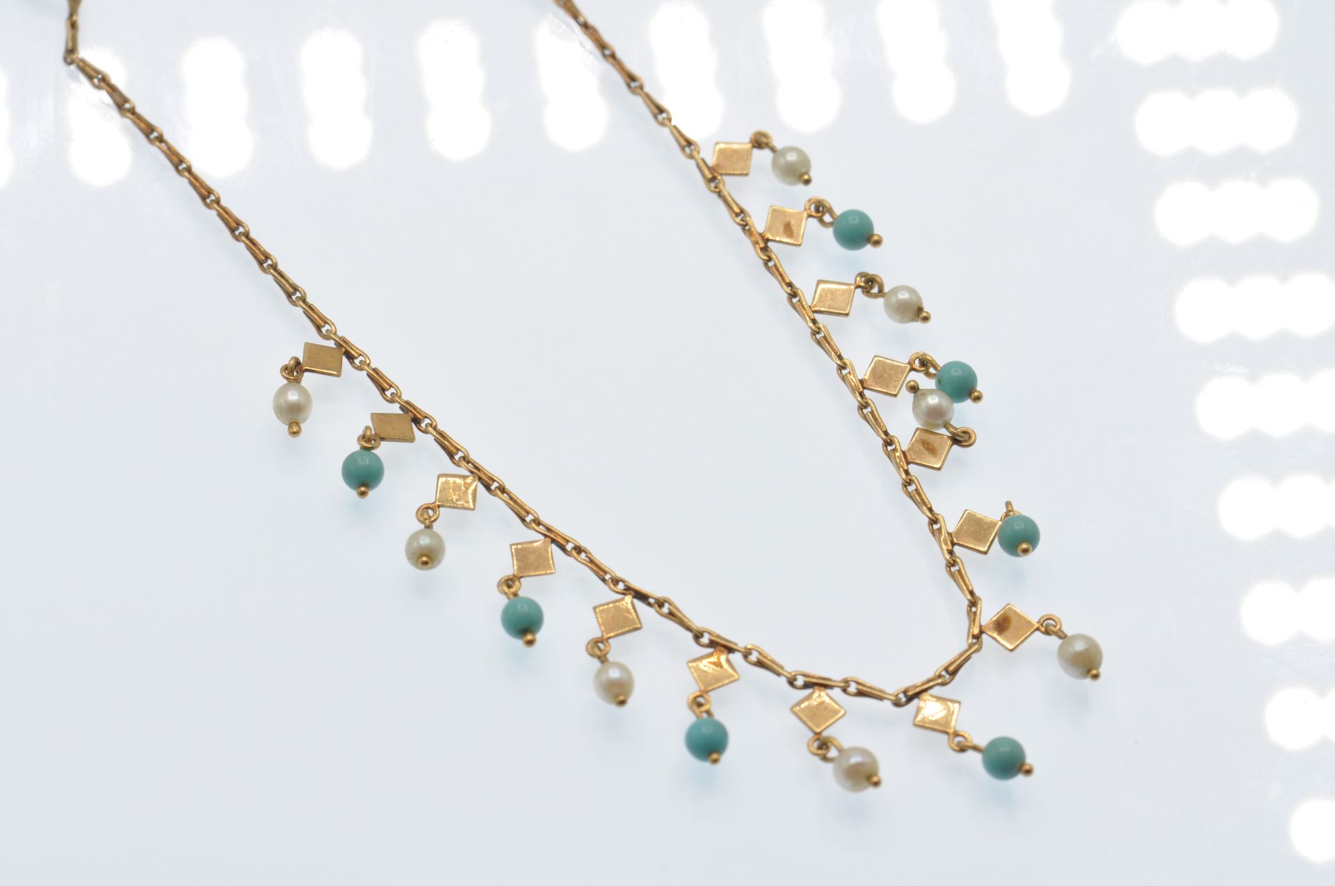 A 9ct Gold Pearl & Turquoise Fringe Necklace - Bild 5 aus 6
