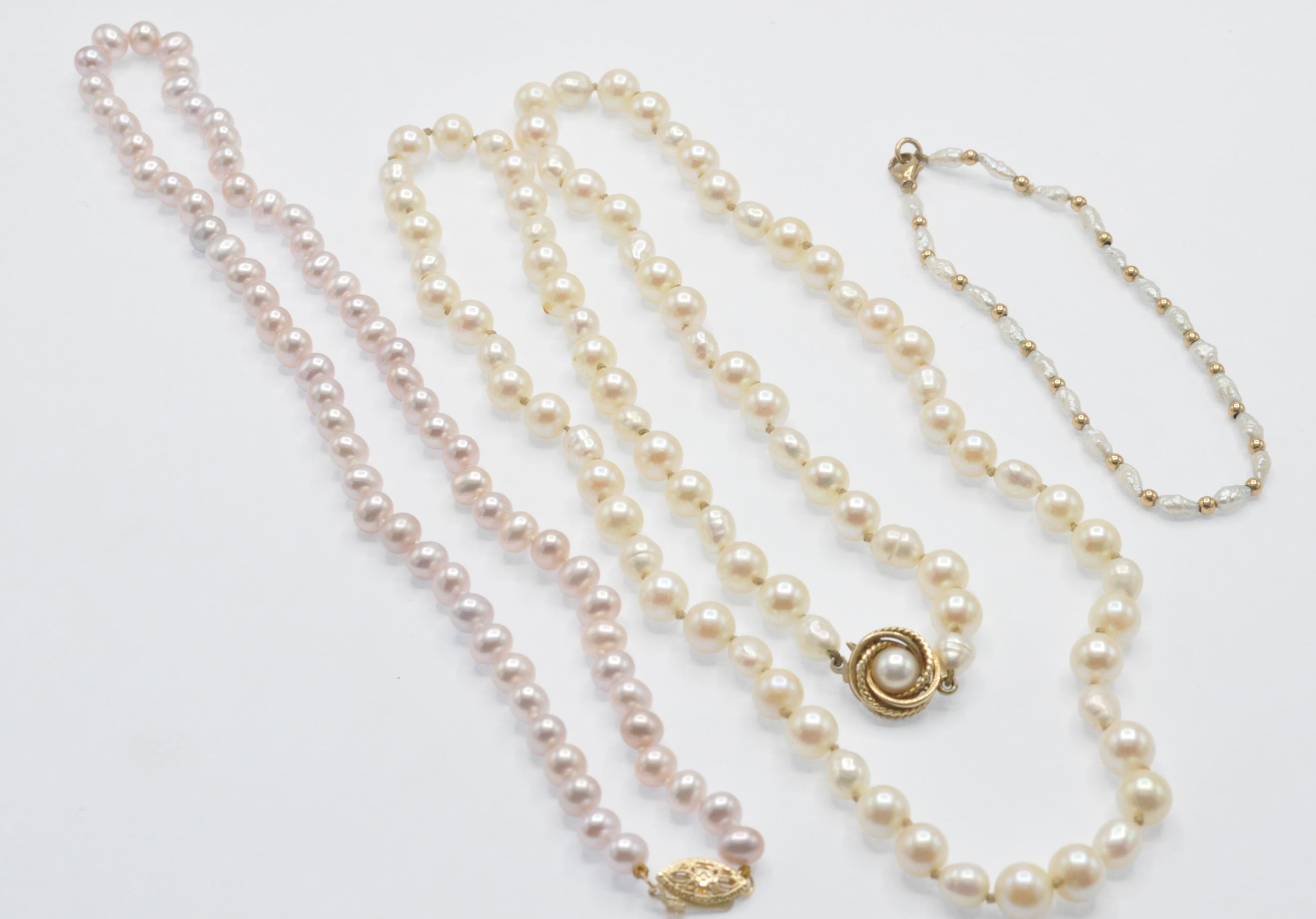 Two Cultured Pearl Necklaces & a Bracelet