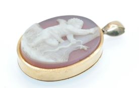 A signed Victorian Gold & Agate Carved Cameo Locket Pendant.