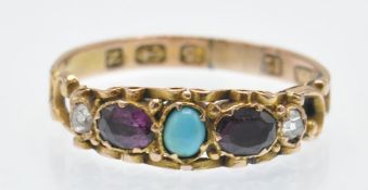 A 19th Century Hallmarked 12ct Gold, Garnet , Diamond & Turquoise Ring