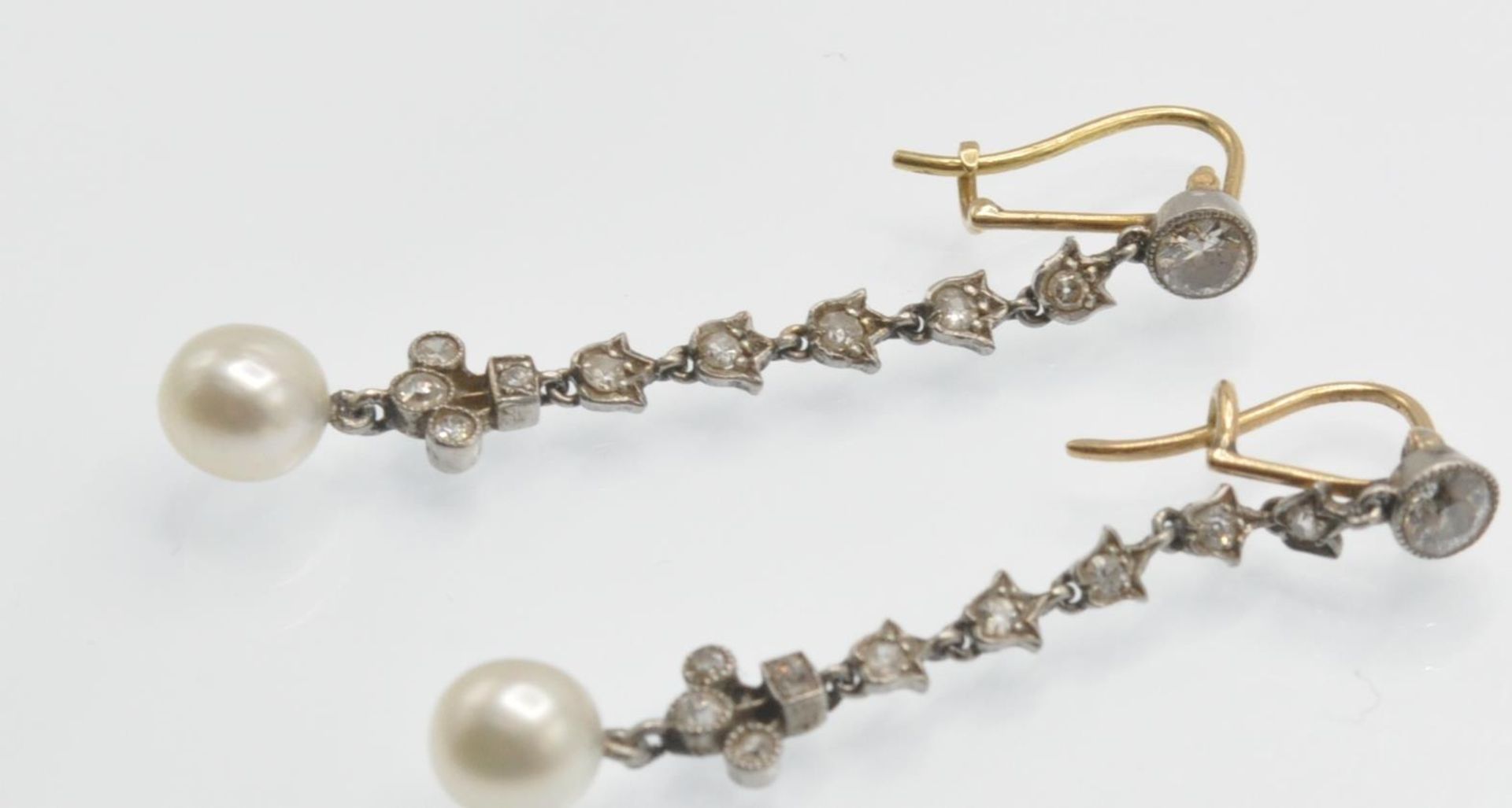 A Pair of Belle Éproque Diamond & Pearl Pendant Earrings - Image 3 of 5