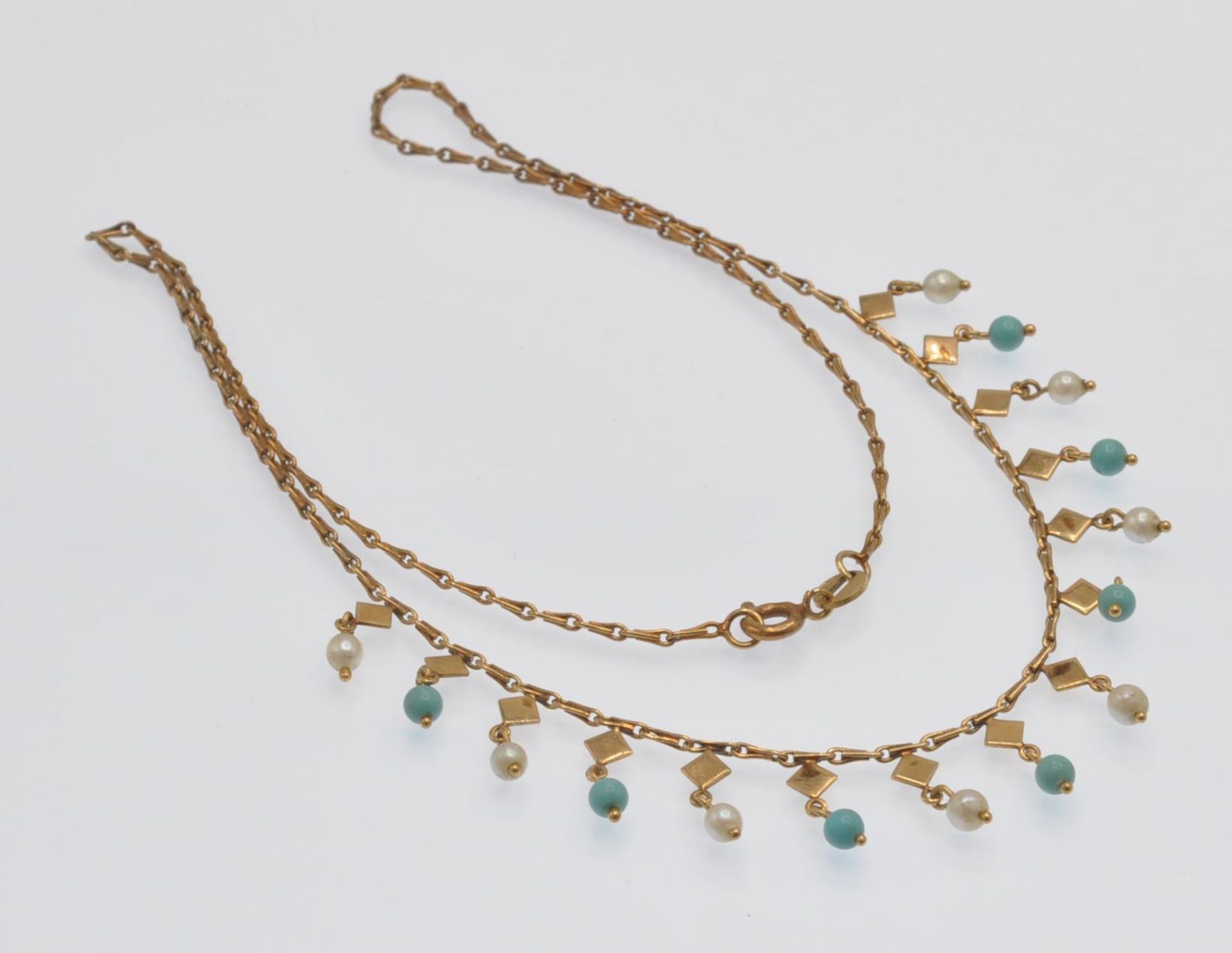 A 9ct Gold Pearl & Turquoise Fringe Necklace