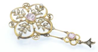 An Antique 9ct Gold Tourmaline & Seed Pearl Pendant Brooch