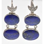 A Pair of White Gold Lapis Lazuli & Diamond Pendant Earrings