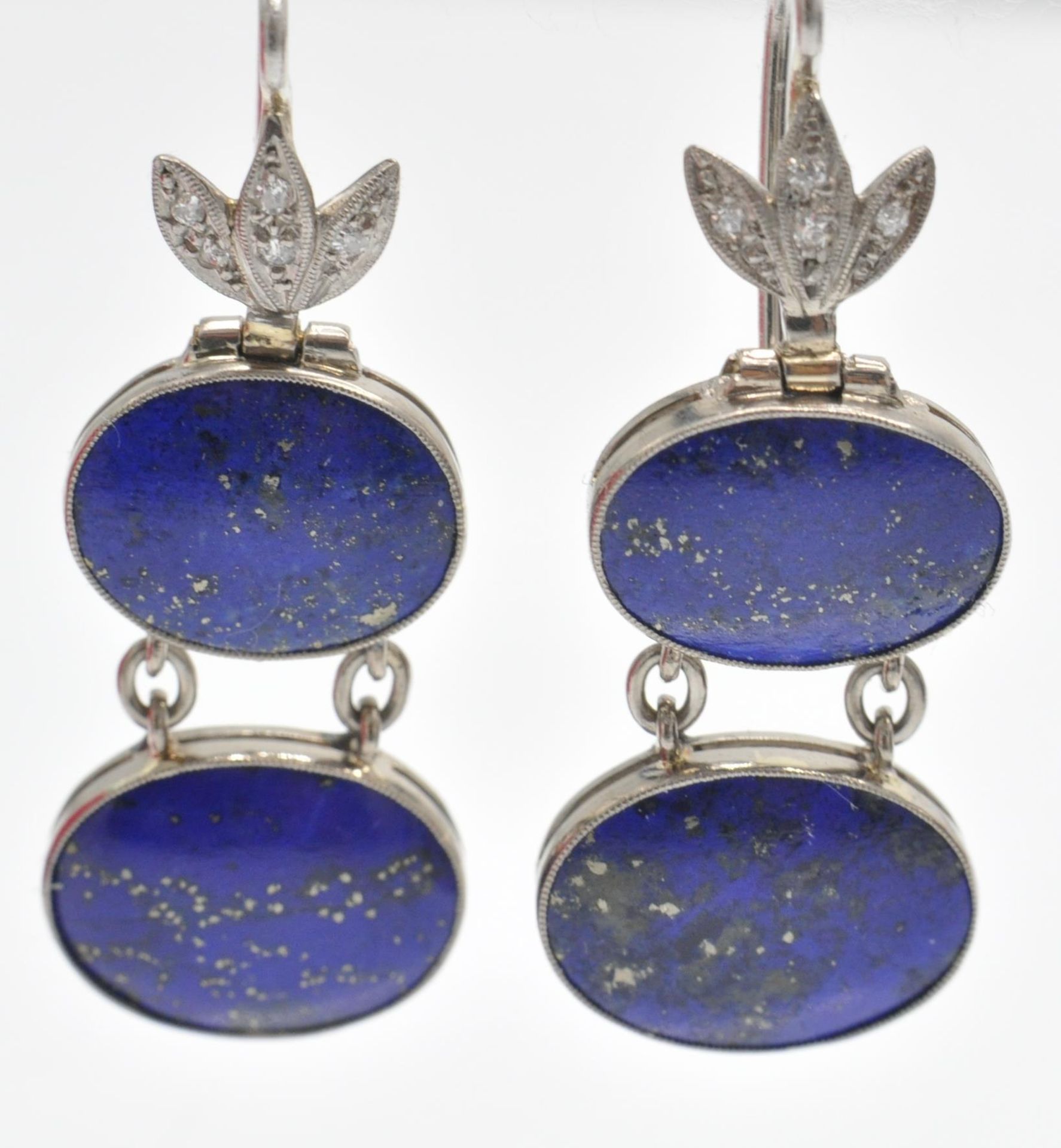 A Pair of White Gold Lapis Lazuli & Diamond Pendant Earrings