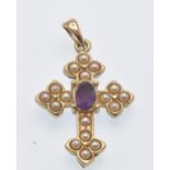 A hHallmarked 9ct Gold Pearl & Amethyst Cruciform Pendant