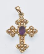 A hHallmarked 9ct Gold Pearl & Amethyst Cruciform Pendant