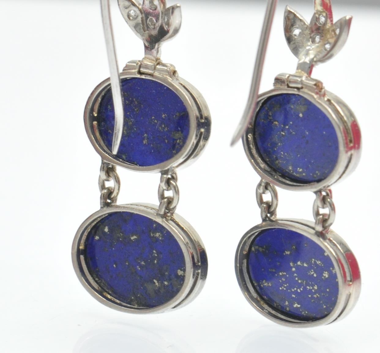 A Pair of White Gold Lapis Lazuli & Diamond Pendant Earrings - Image 5 of 5