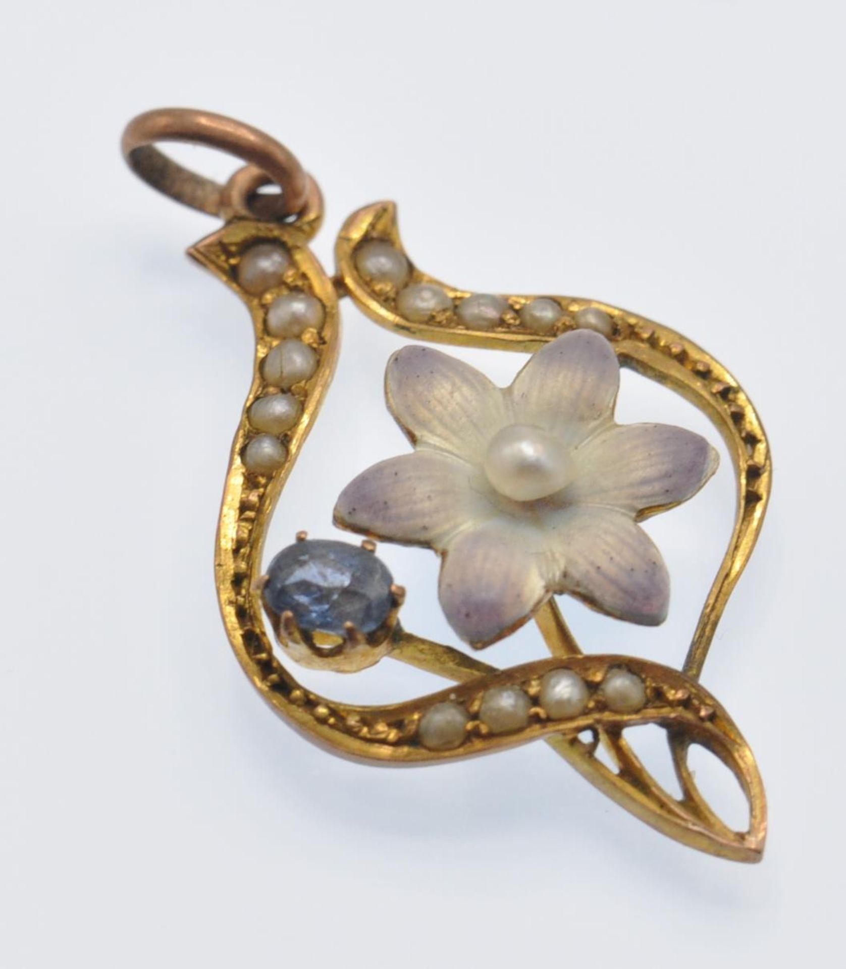 An 9ct Art Nouveau Sapphire Enamel & Pearl Necklace Pendant