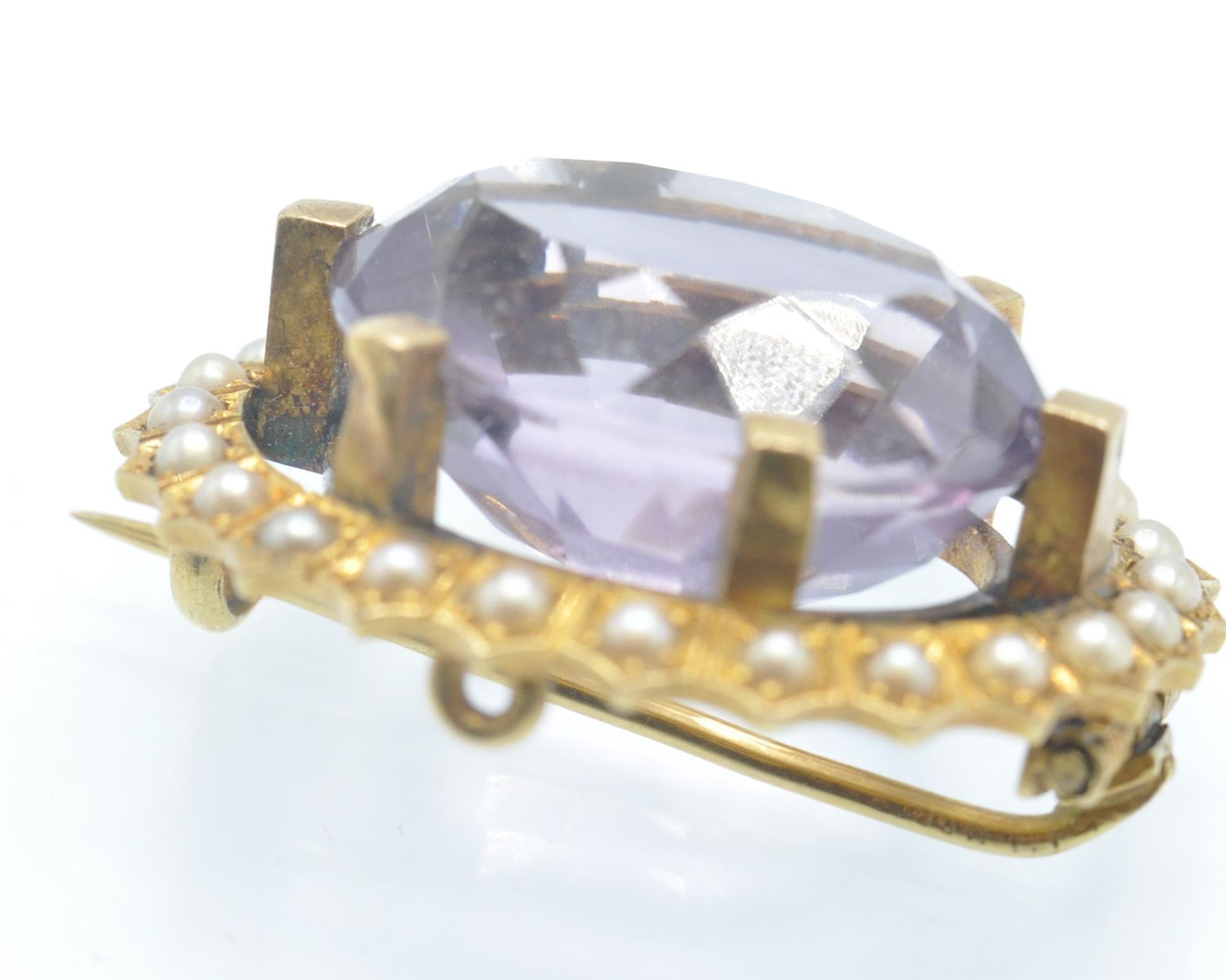 A Victorian 18ct Gold Amethyst & Pearl Brooch Pin - Image 4 of 9