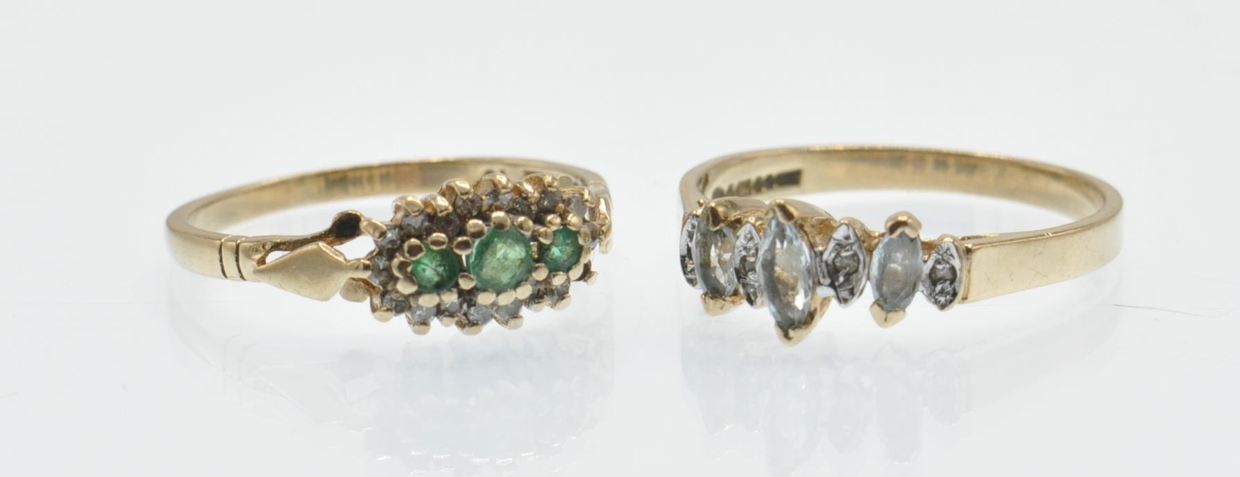 Two hallmarked gem set and diamond rings. To include an emerald and diamond set ring estimated