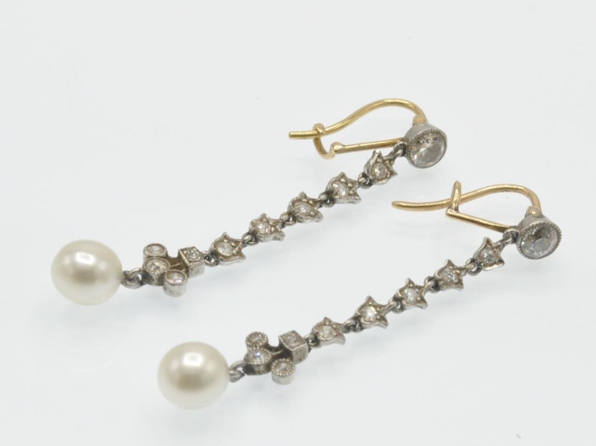 A Pair of Belle Éproque Diamond & Pearl Pendant Earrings - Image 2 of 5