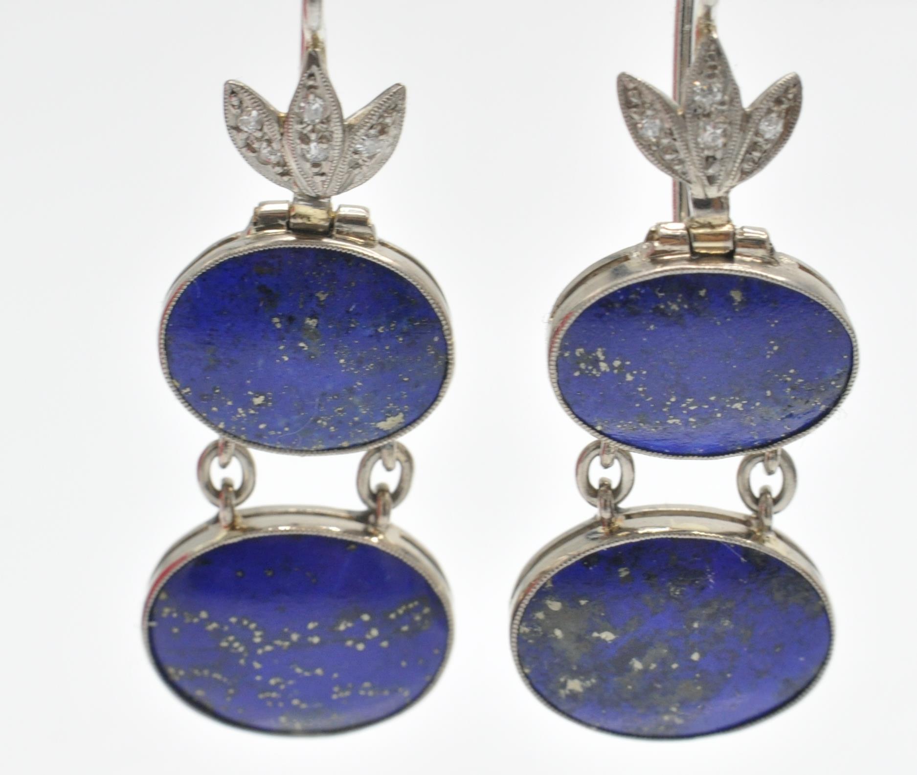 A Pair of White Gold Lapis Lazuli & Diamond Pendant Earrings - Image 2 of 5