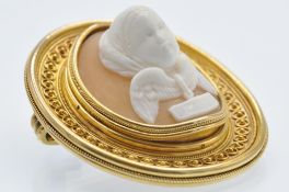 An Antique Gold Etruscan Revival Cameo Brooch Pin