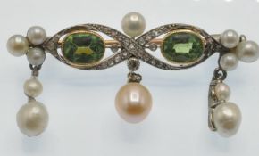 An Antique Gold Peridot Pearl & Diamond Brooch