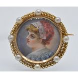 A French Gold & Pearl Miniature Portrait Brooch Pin