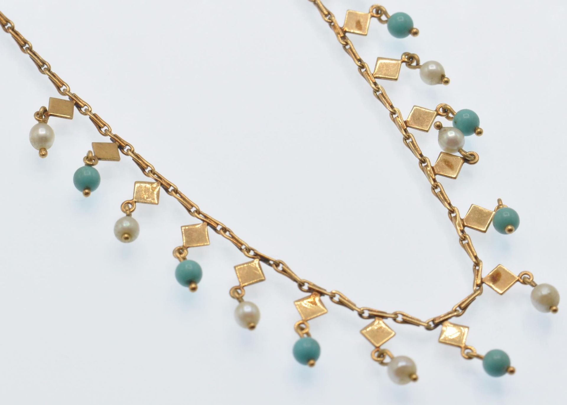 A 9ct Gold Pearl & Turquoise Fringe Necklace - Bild 2 aus 6