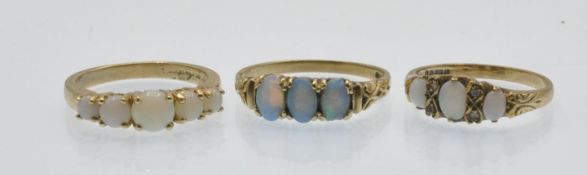 Three Hallmarked 9ct Gold & Opal Rings