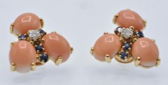 A Pair of French 18ct Gold Platinum Coral, Diamond & Sapphire Earclips