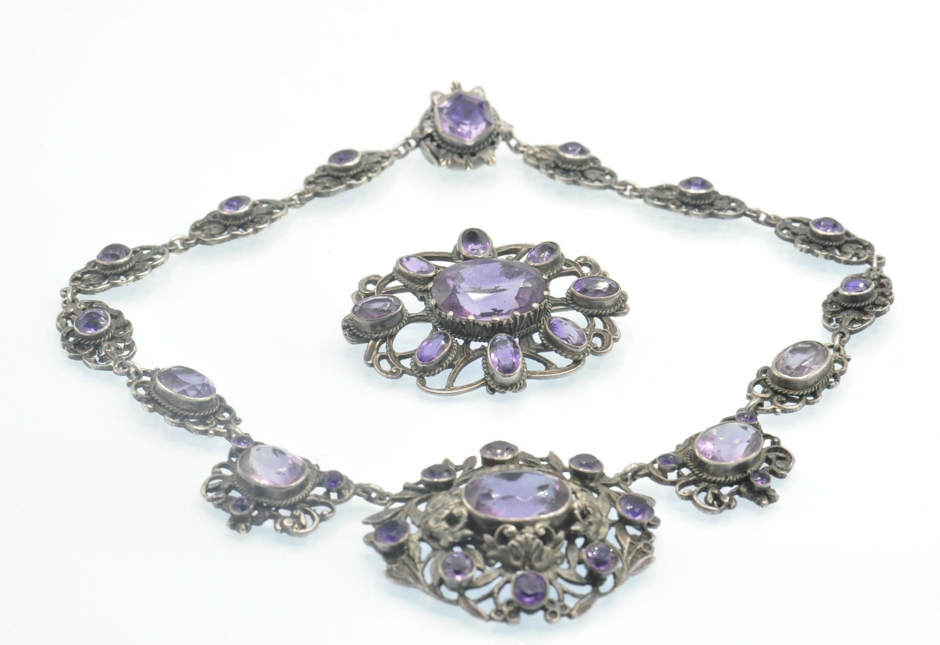 An Early 20th Century Silver & Amethyst Choker Necklace & Brooch