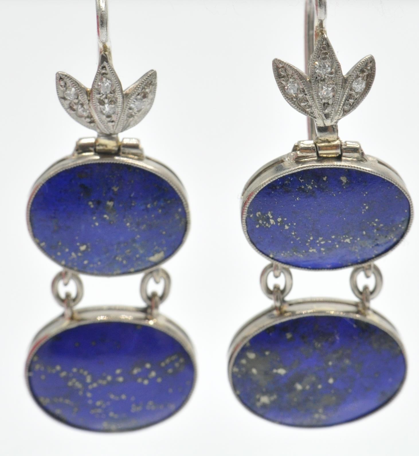 A Pair of White Gold Lapis Lazuli & Diamond Pendant Earrings - Image 4 of 5