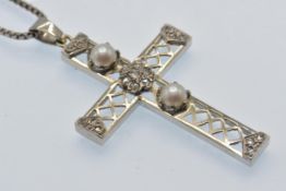 A French 18ct White Gold Diamond & Pearl Pendant Necklace.
