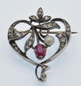 A Antique Ruby Diamond & Pearl Brooch Pin