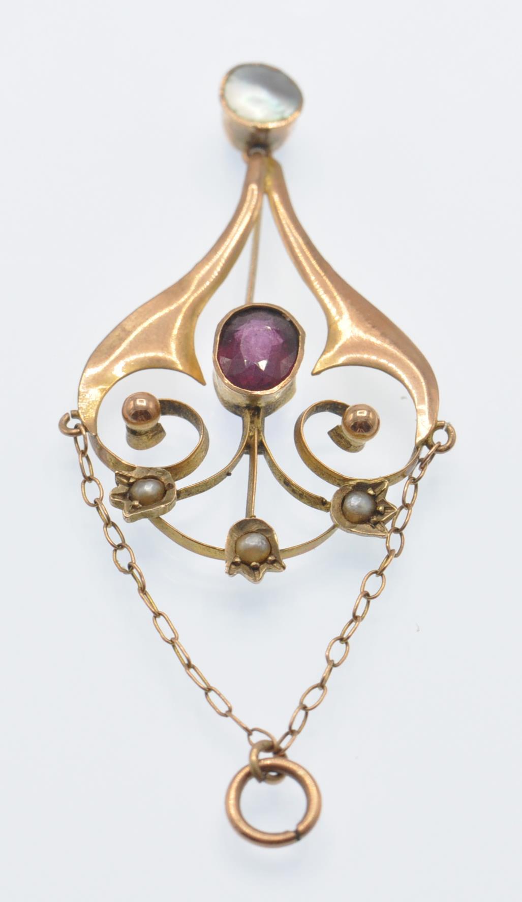 An 9ct Art Nouveau Garnet & Pearl Necklace Pendant - Image 2 of 5