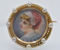 A French Gold & Pearl Miniature Portrait Brooch Pin