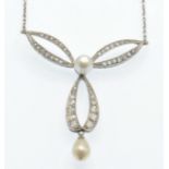 An Antique Cased 18ct White Gold Pearl & Diamond Pendant Necklace