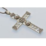 A French 18ct White Gold Diamond & Pearl Pendant Necklace.