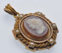 An Antique 18ct Gold French Agate Cameo & Pearl Locket