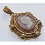 An Antique 18ct Gold French Agate Cameo & Pearl Locket