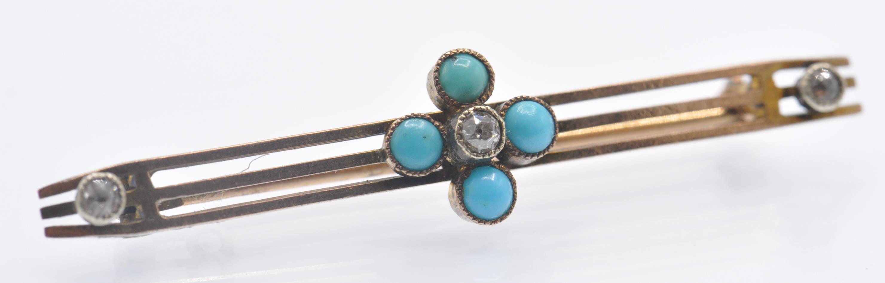 A Victorian 9ct Gold Diamond & Turquoise Brooch Pin - Image 2 of 5