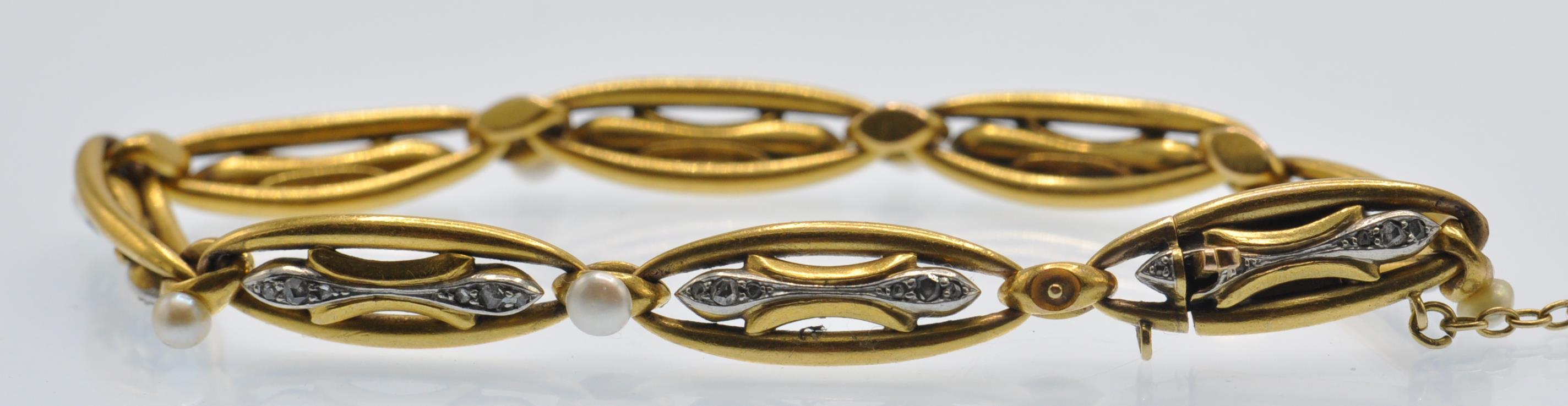 A French 18ct Gold, Silver, Diamond & Pearl Bracelet