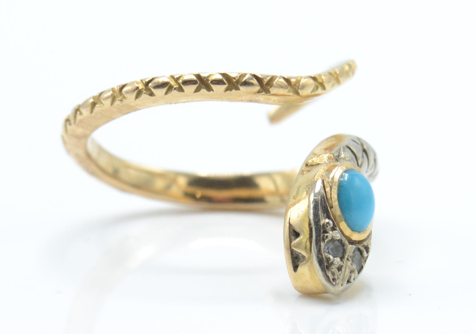 An antique turquoise and diamond snake ring. The r - Image 3 of 4