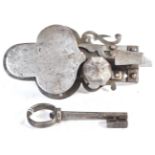 17TH CENTURY GERMAN ANTIQUE ENGRAVED STEEL LOCK AND KEY