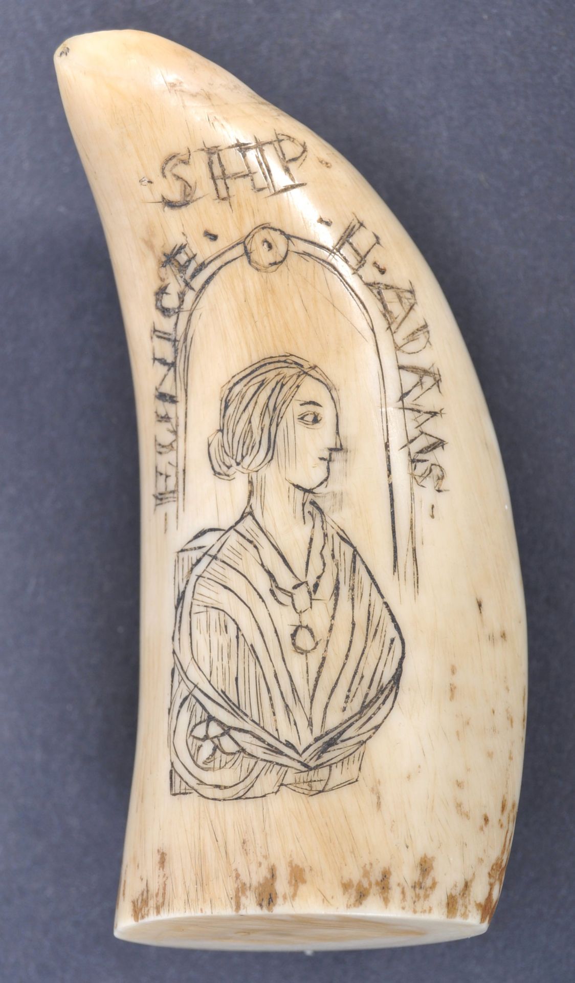 RARE 19TH CENTURY WHALE TOOTH SCRIMSHAW EUNICE H. ADAMS - Bild 2 aus 7