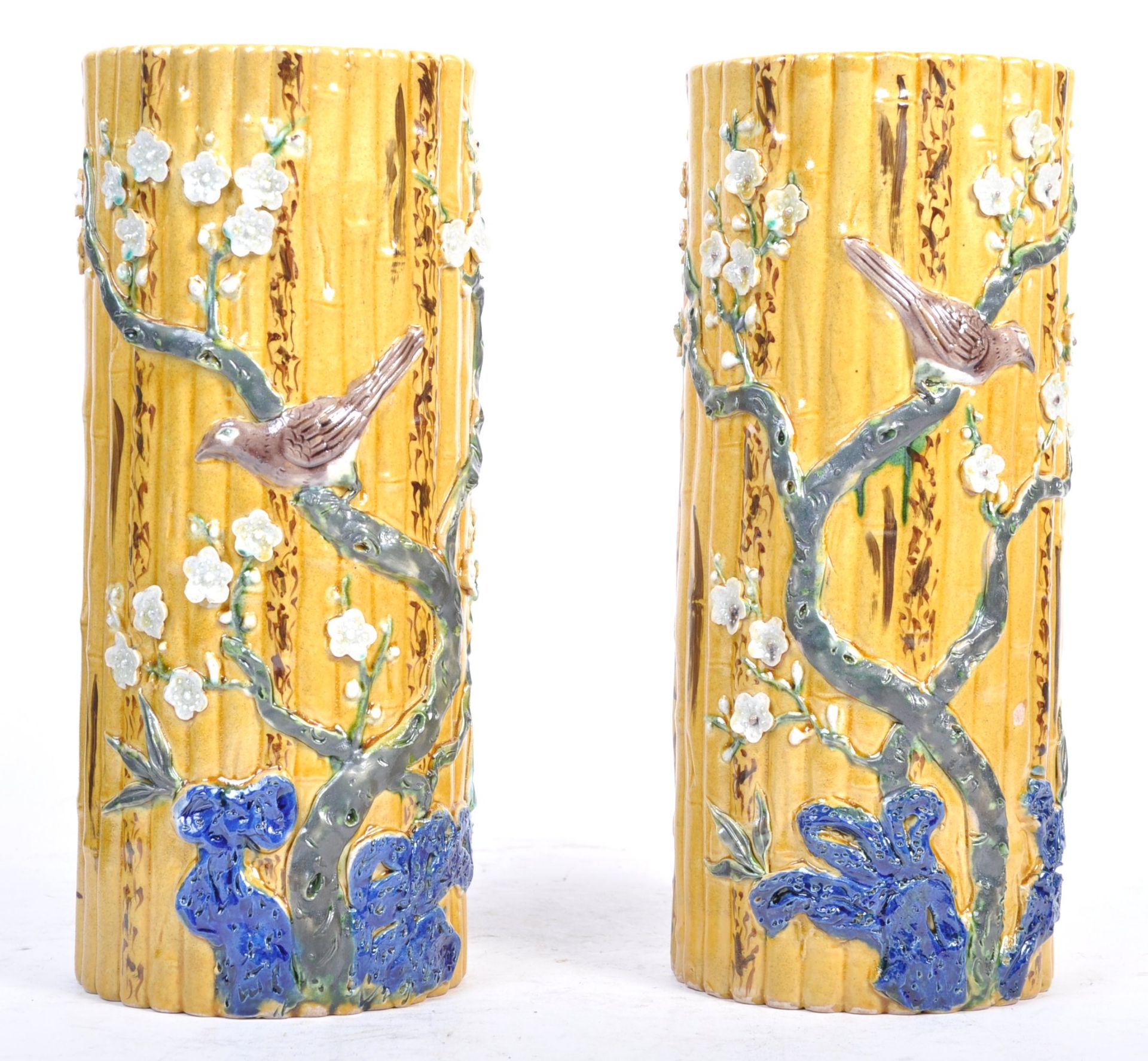 PAIR OF CHINESE QIANLONG MARK BAMBOO EFFECT VASES