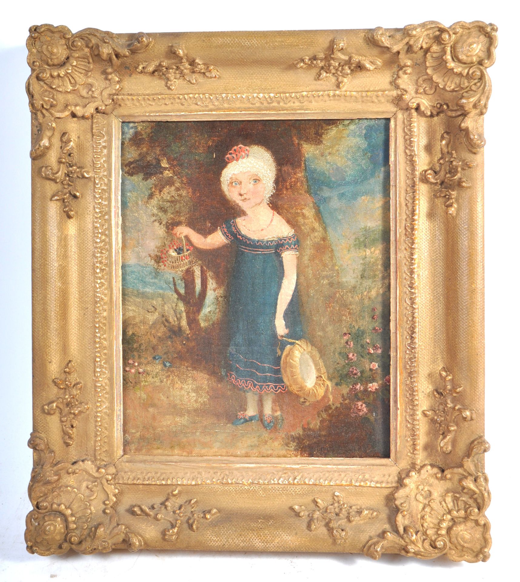 19TH CENTURY NAIVE OIL ON CANVAS PAINTING OF A YOUNG GIRL