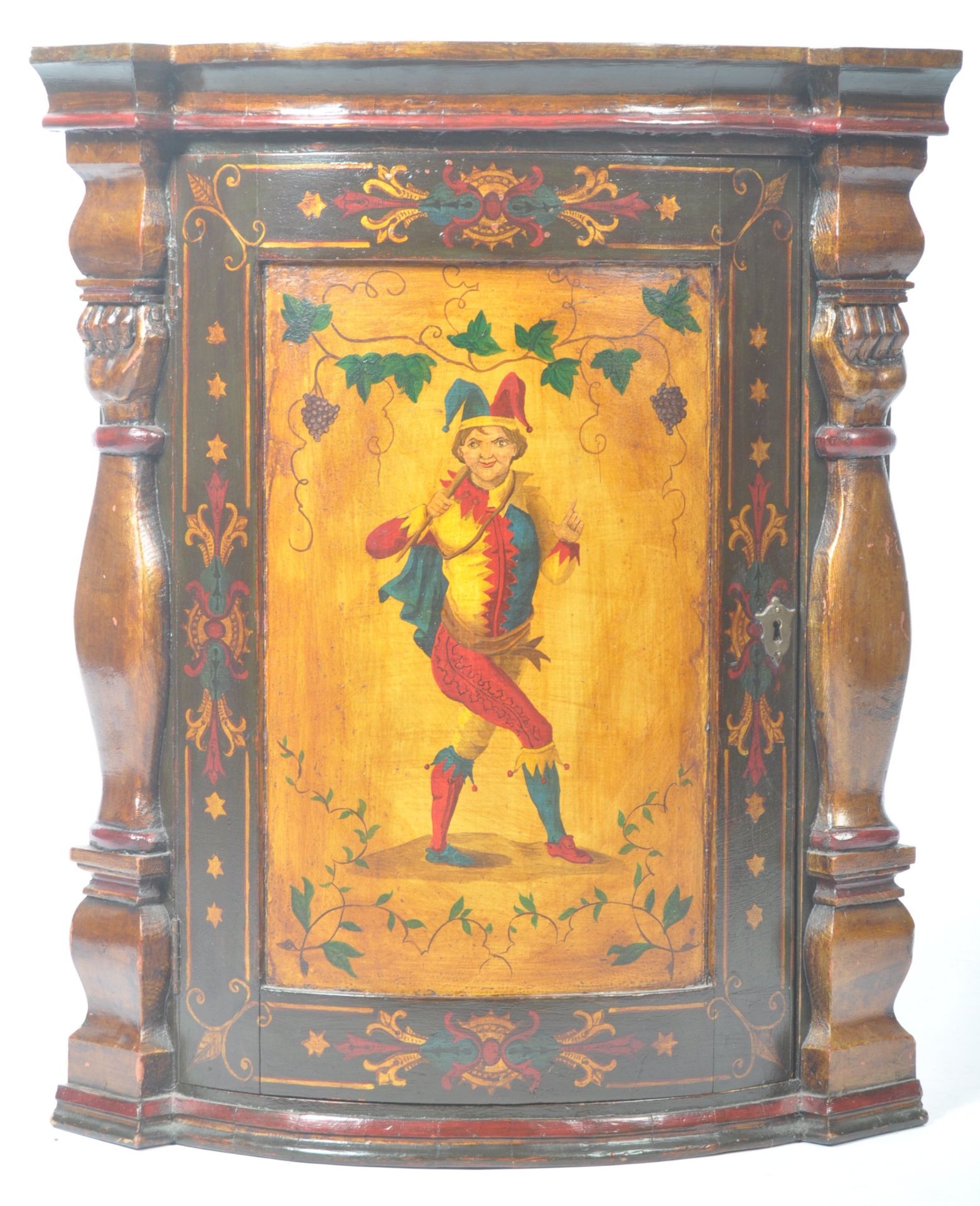 RARE 19TH CENTURY ANTIQUE PAINTED CORNER CABINET WITH JESTER