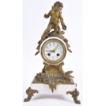 FRENCH WHITE MARBLE AND BRONZE CHERUB MANTLE CLOCK BY MOUGIN