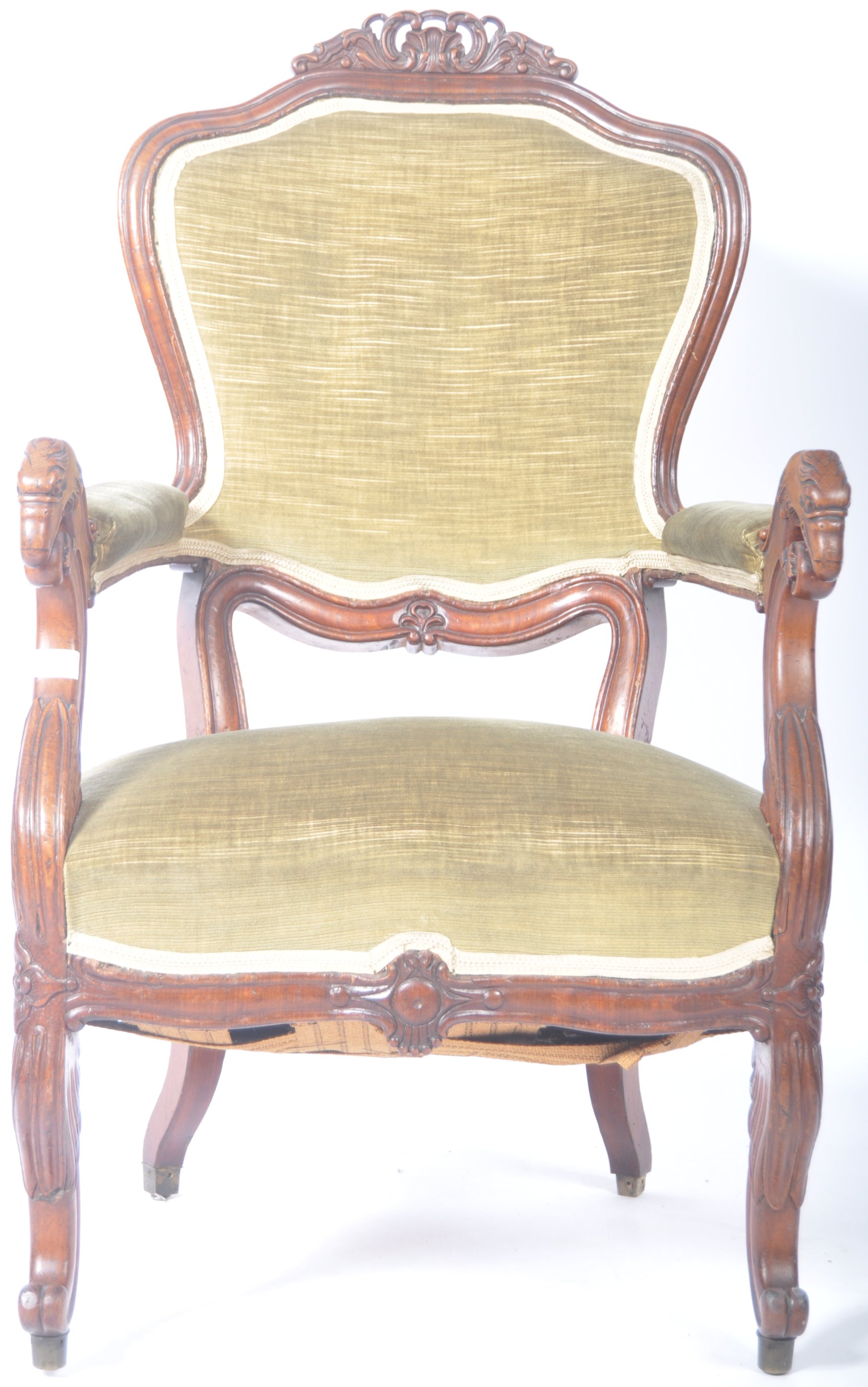 19TH CENTURY WALNUT ANTIQUE ARM CHAIR WITH ANIMAL HEAD ARMRESTS - Image 5 of 8